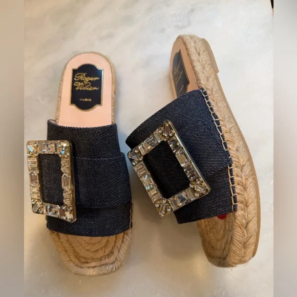 ROGER VIVIER Crystal & Denim Espadrille Slides Women’s Size 36.5 (6.5)